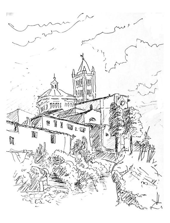 570x744 italy tuscany art print of original pencil sketch etsy - Landscape Black And White Drawing