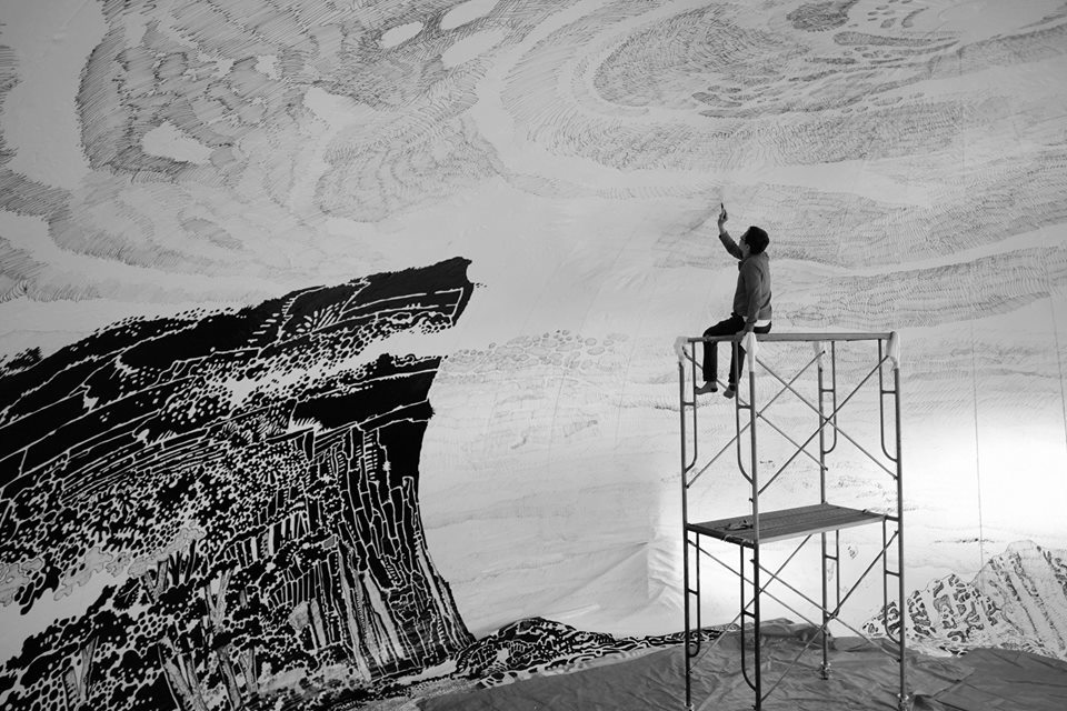 960x640 a degree black and white drawing of a japanese landscape - Landscape Black And White Drawing