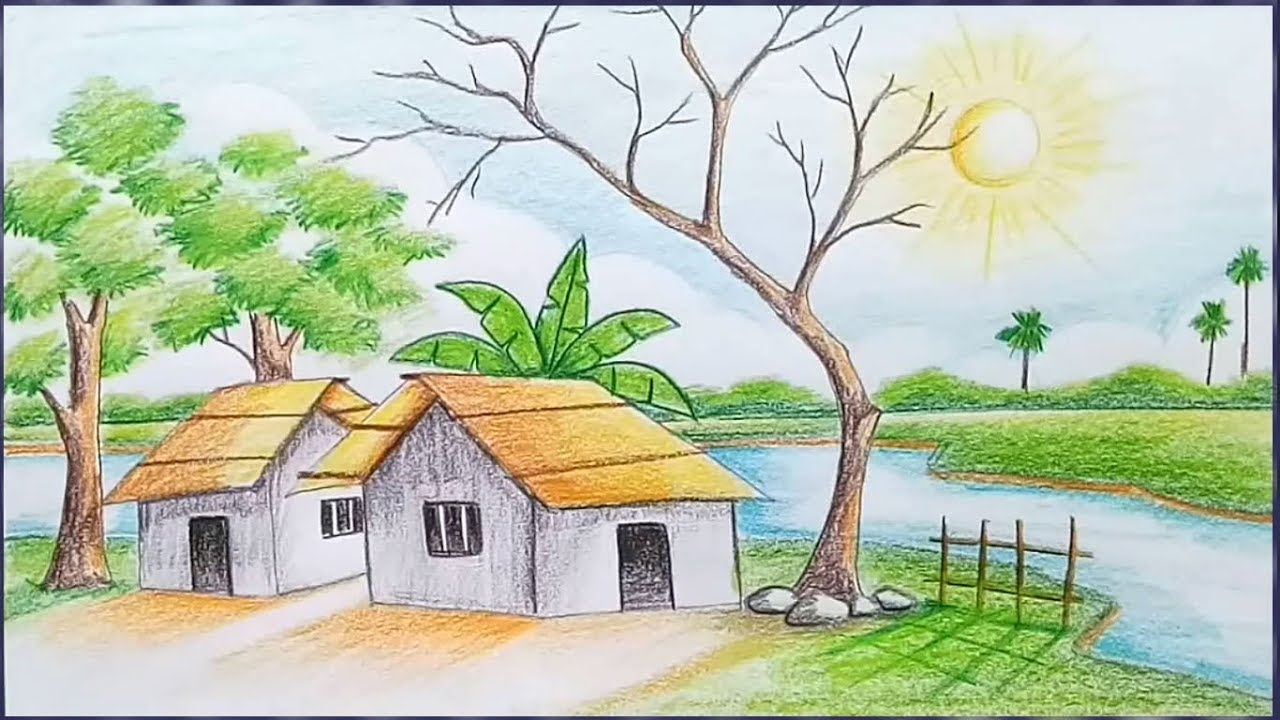 1280x720 How To Draw A Village Scenery Step - Landscape Drawing