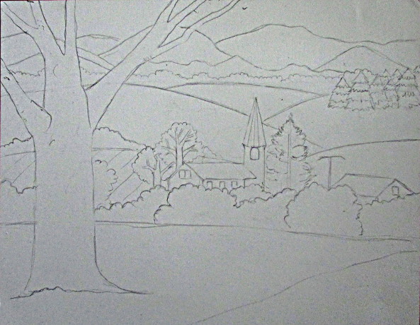 593x460 Color Pencil Landscape Drawing - Landscape Drawing