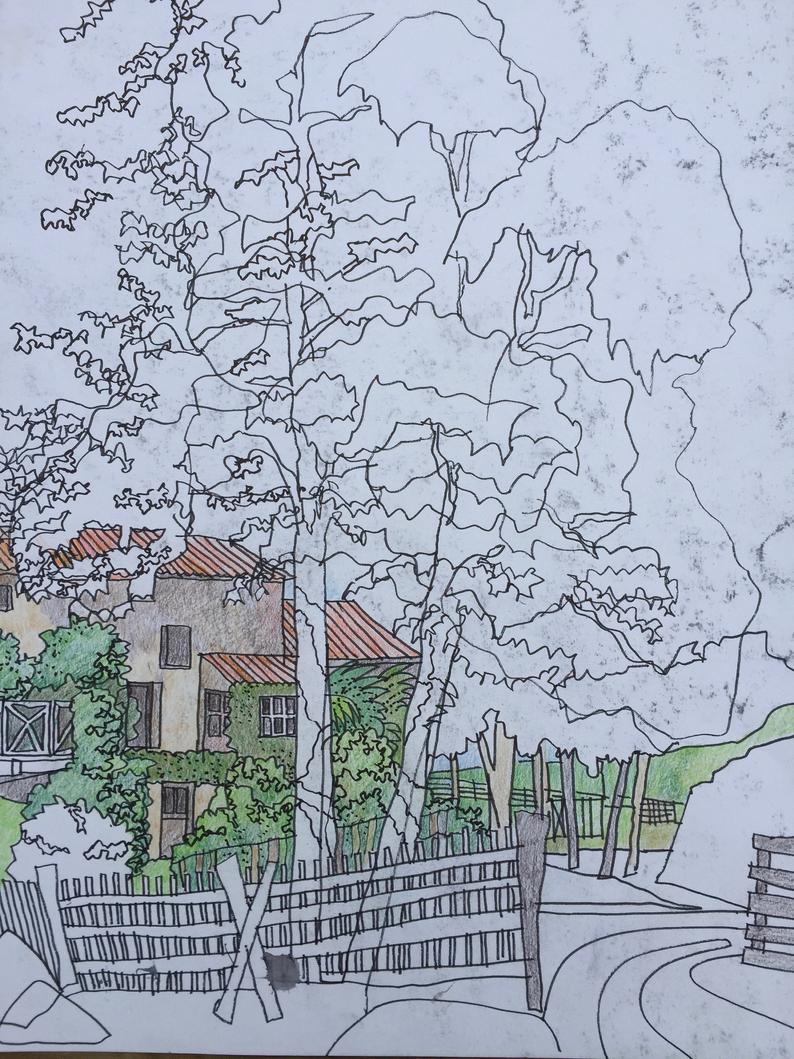 794x1059 Original Landscape Drawing Coloured Pencil And Pen Etsy - Landscape Drawing Coloured