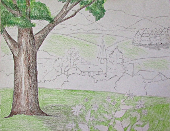597x460 Color Pencil Landscape Drawing - Landscape Drawing Coloured