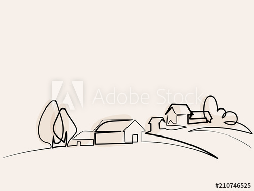 500x375 Continuous Line Drawing Landscape With Village On Hill Vector - Landscape Line Drawing