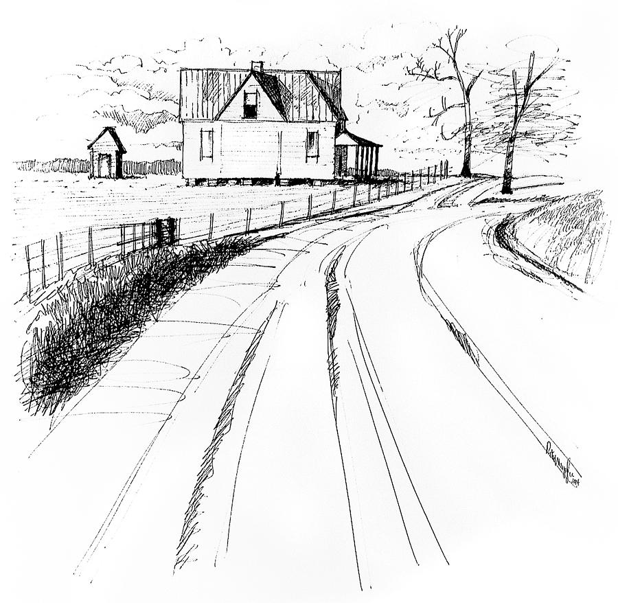 900x878 On The County Line Drawing - Landscape Line Drawing