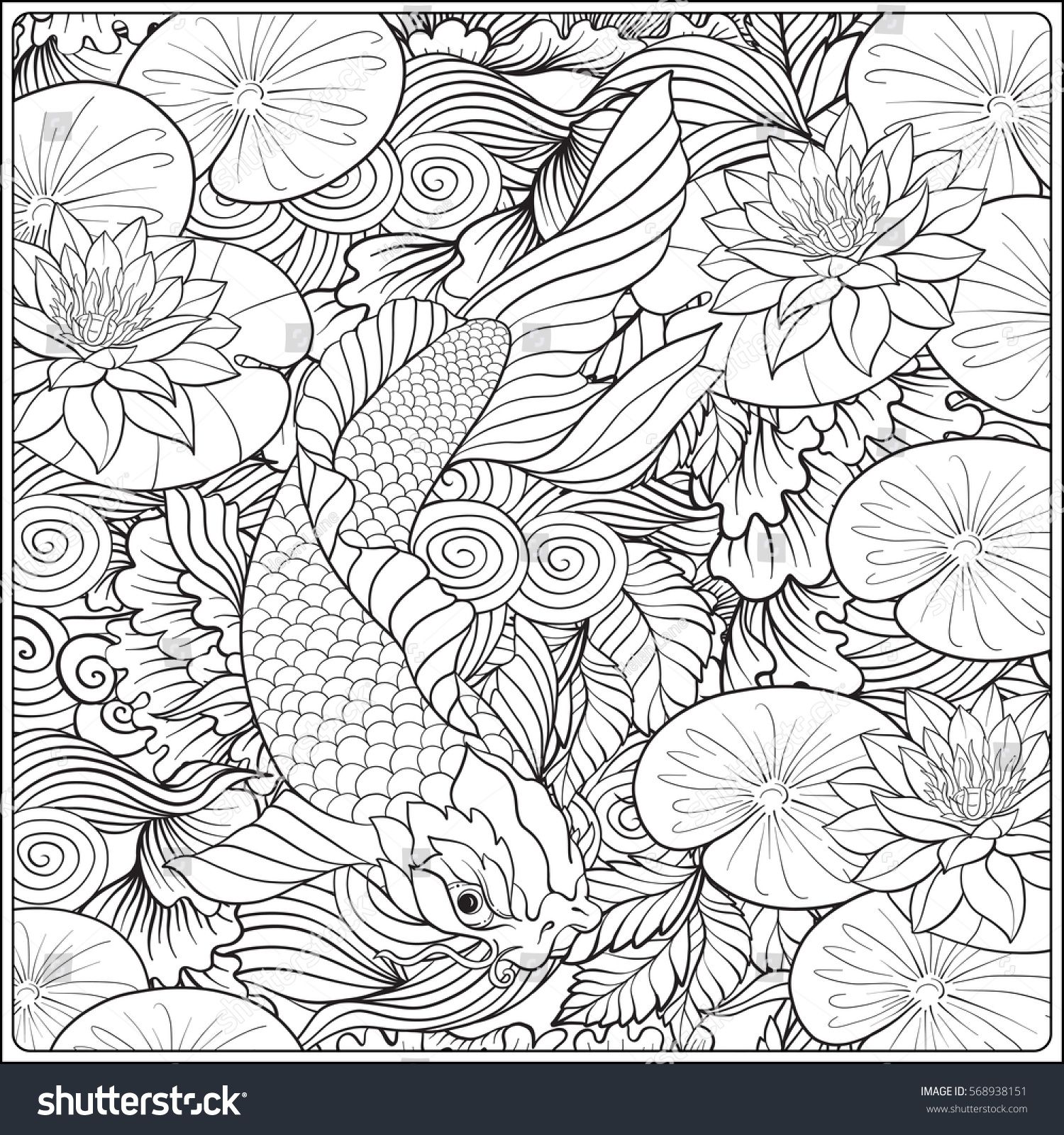 1500x1600 Japanese Landscape With Lotus And Fish Outline Drawing Coloring - Landscape Outline Drawing
