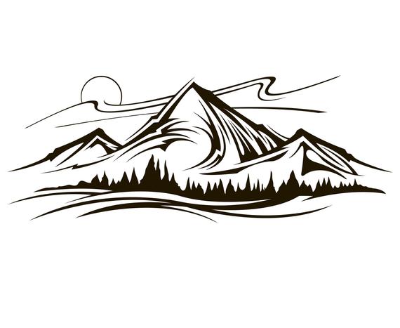 570x467 Mountain Range Landscape Scenery Outline Etsy - Landscape Outline Drawing