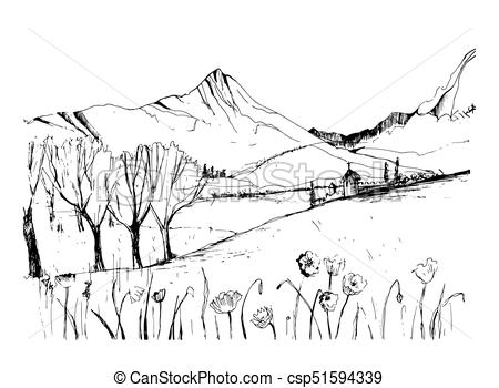 450x350 remarkable georgian landscape sketch black and white hand drawn - Landscape Outline Drawing