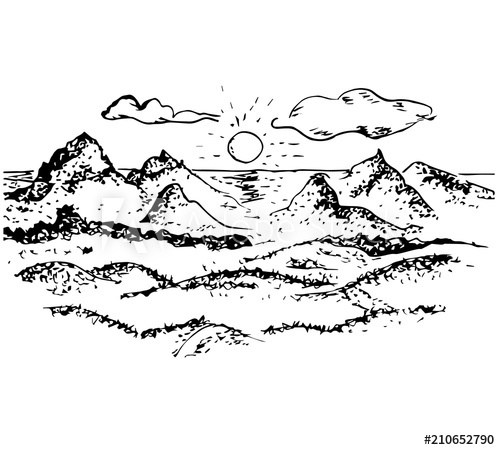 500x450 Sunset, Mountains, Sun, Clouds, Vector Outline Graphically Drawing - Landscape Outline Drawing