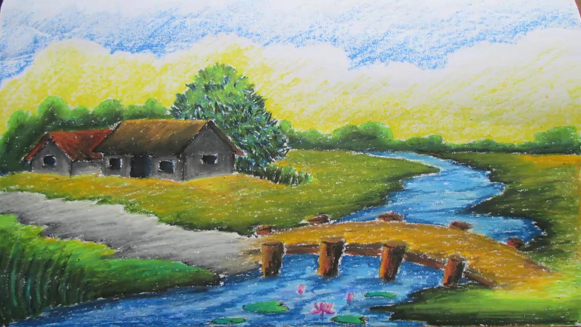 1920x1080 How To Draw A Village Landscape With Oil Pastel - Landscape Pastel Drawing