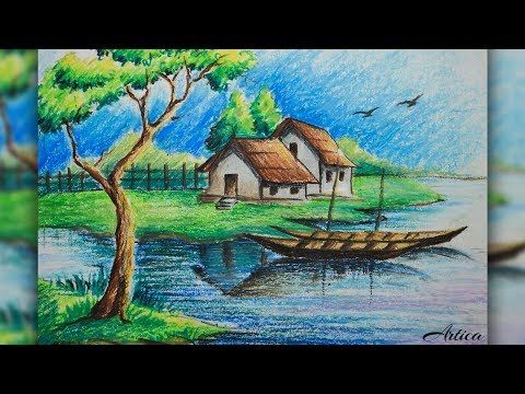 480x360 how to draw a village landscape with oil pastel oil pastel - Landscape Pastel Drawing
