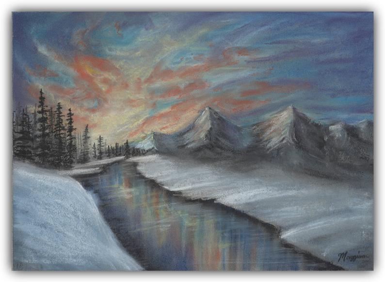 794x581 Landscape Pastel Drawing Winter Painting Winter Scene Etsy - Landscape Pastel Drawing