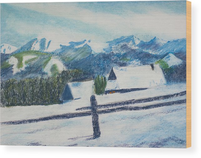 643x505 Winter Evening Landscape Pastel Drawing Wood Print - Landscape Pastel Drawing