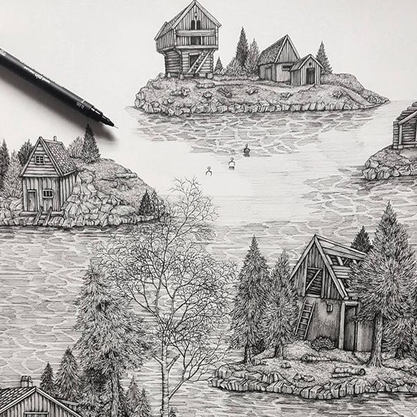 600x600 illustrator creates detailed pen and ink drawings of imaginary - Landscape Pen Drawing
