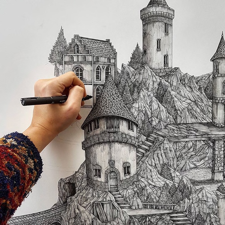 750x750 artist creates detailed pen and ink drawings of imaginary landscapes - Landscape Pen Drawing