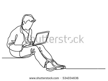 450x338 continuous line drawing of a guy sitting with laptop computer - Laptop Computer Drawing