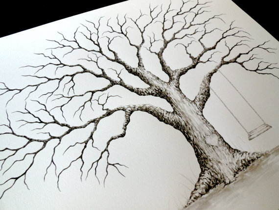 570x428 Large Oak Thumbprint Guest Book Tree With Swing And Heart - Large Tree Drawing