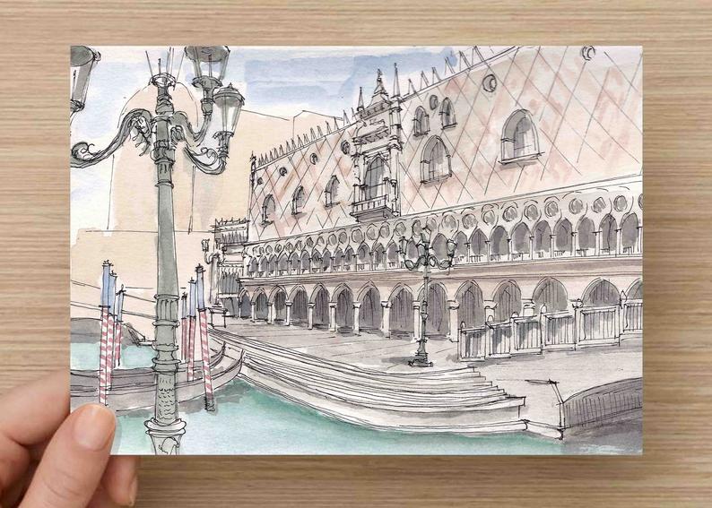 794x567 ink and watercolor drawing of the venetian hotel in las vegas etsy - Las Vegas Drawing