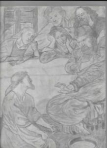 218x300 original pencil sketch, washing of feet, last supper, signed - Last Supper Pencil Drawing