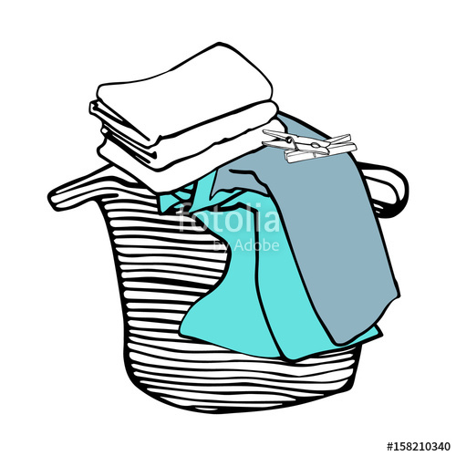 500x500 Laundry Basket, Colored Bed Linen And Clothespins Hand Drawn - Laundry Basket Drawing