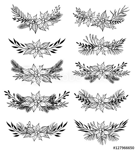 452x500 hand drawn vector set of winter wreaths - Laurel Leaf Drawing