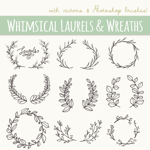 570x570 Whimsical Laurels Wreaths Clip Art Photoshop Brushes Png - Laurel Wreath Drawing