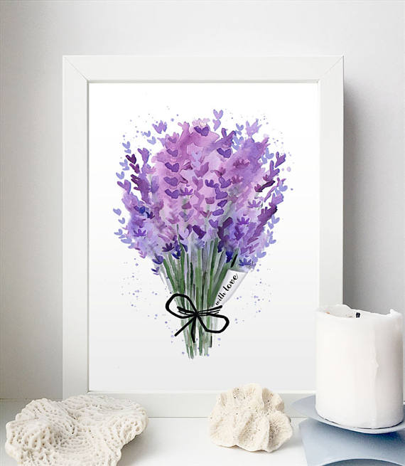 570x655 lavender art flower watercolor lavender bouquet purple art - Lavender Bouquet Drawing
