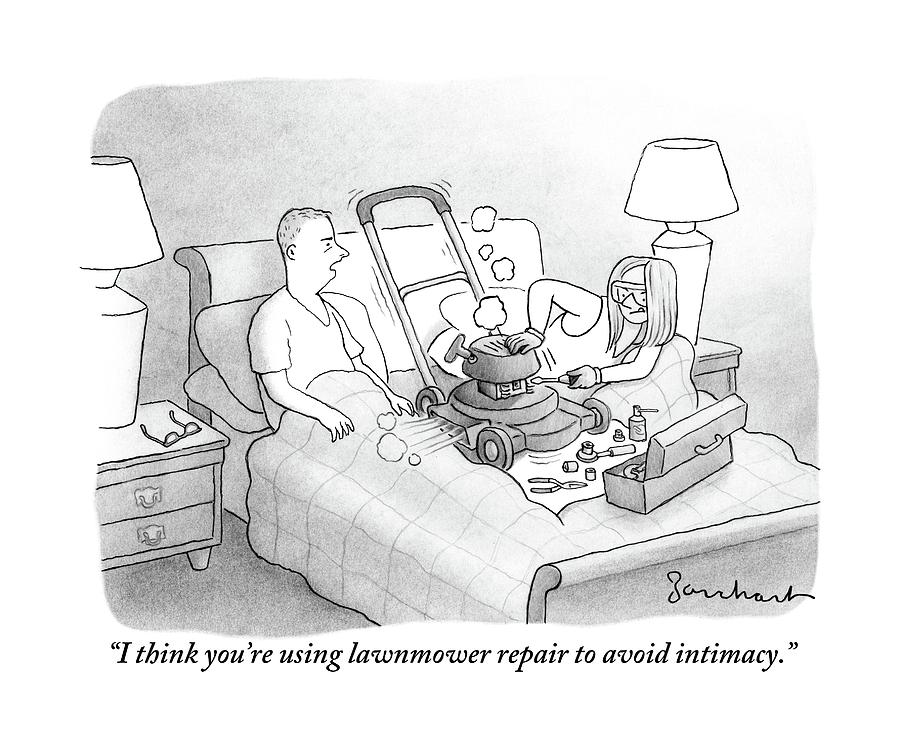 900x742 man speaks to woman who is repairing lawn mower drawing - Lawn Drawing