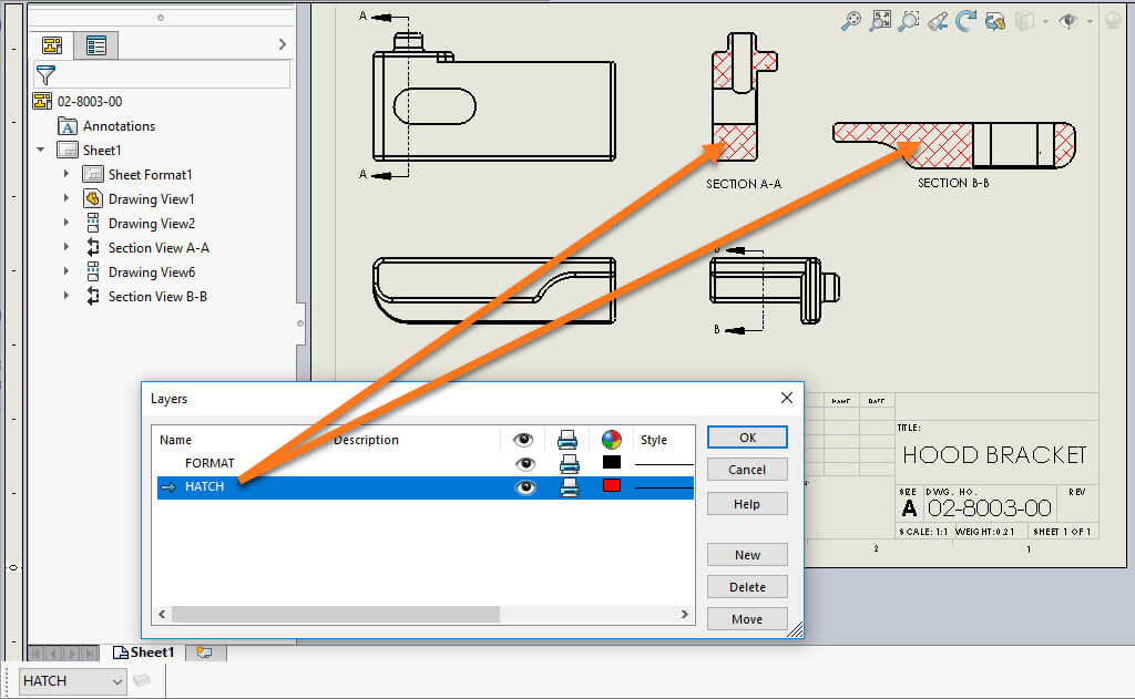 1024x631 Solidworks Drawing Area Hatch Applied To Layer - Layer Drawing