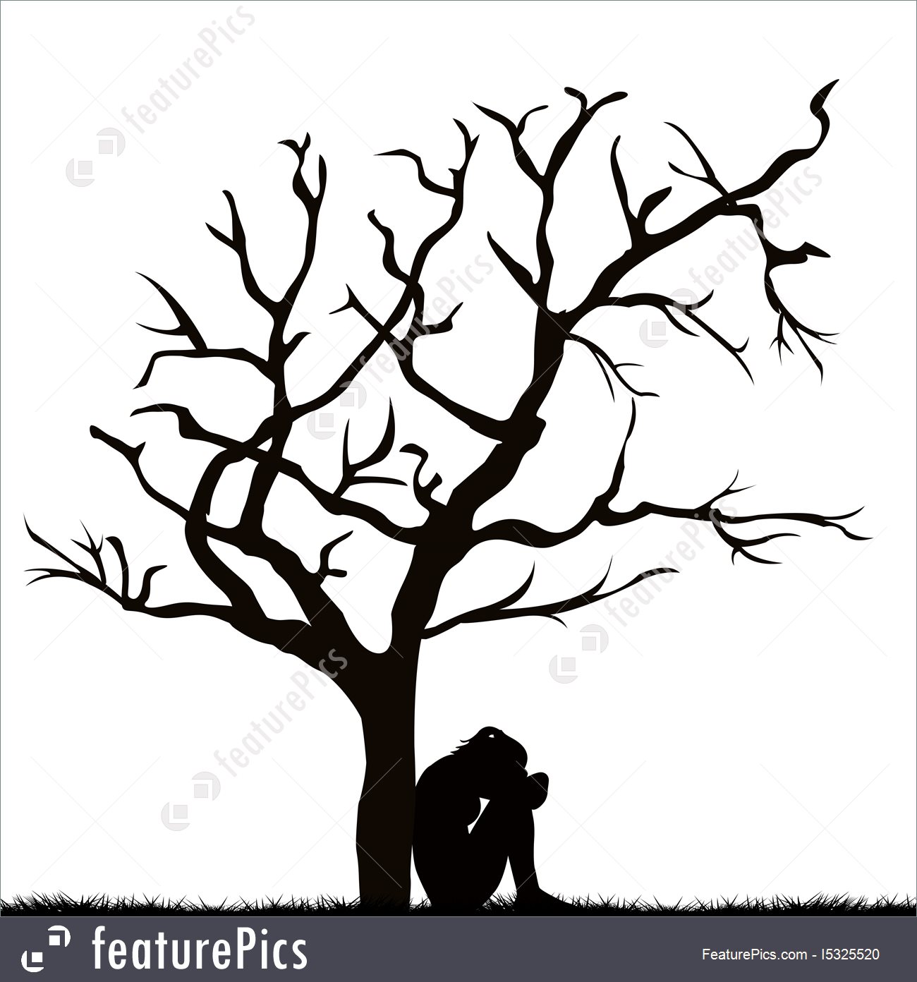 1300x1392 Silhouette Of A Sad Woman Under A Leafless Tree Illustration - Leafless Tree Drawing