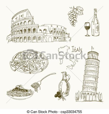 450x470 Freehand Drawing Italy Items On A Sheet Of Exercise Book Leaning - Leaning Tower Of Pisa Pencil Drawing