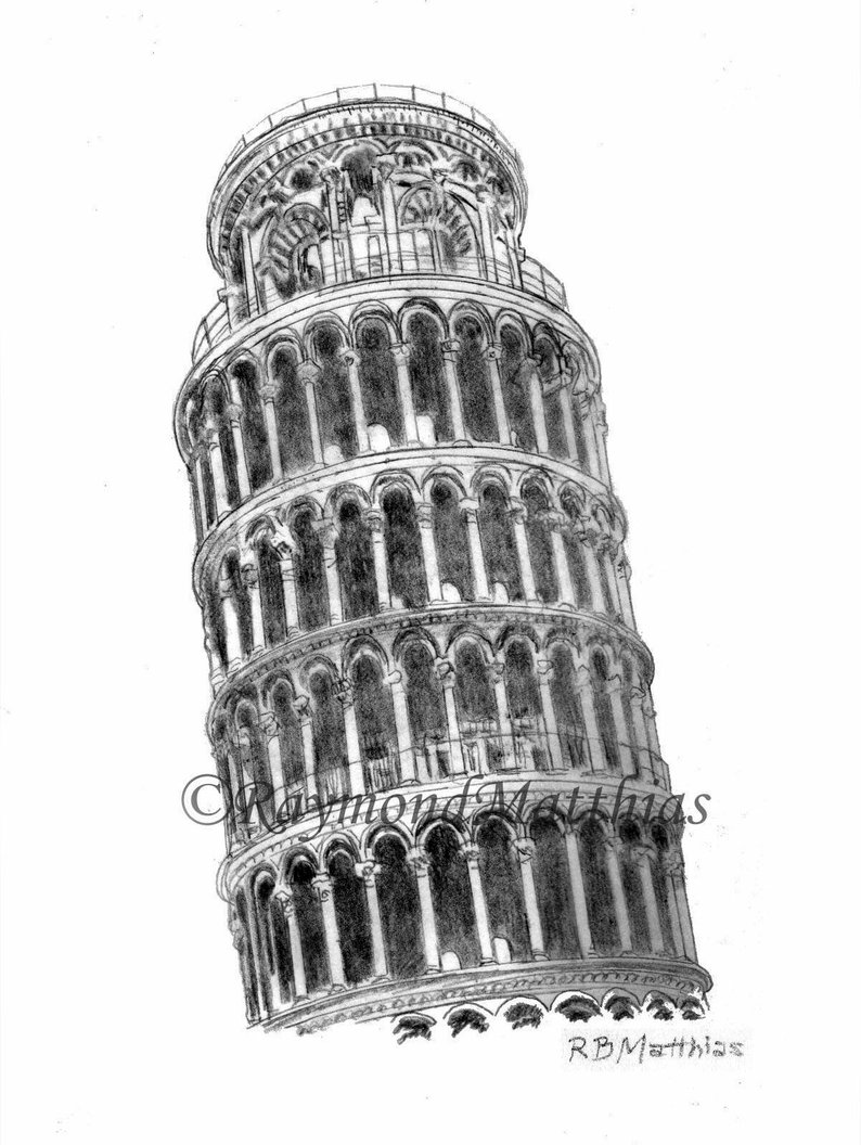 794x1056 Leaning Tower Of Pisa Black And White Graphite Pencil Pen And Etsy - Leaning Tower Of Pisa Pencil Drawing