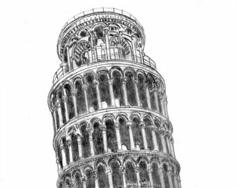 340x270 Pisa Italy Sketch Etsy - Leaning Tower Of Pisa Pencil Drawing