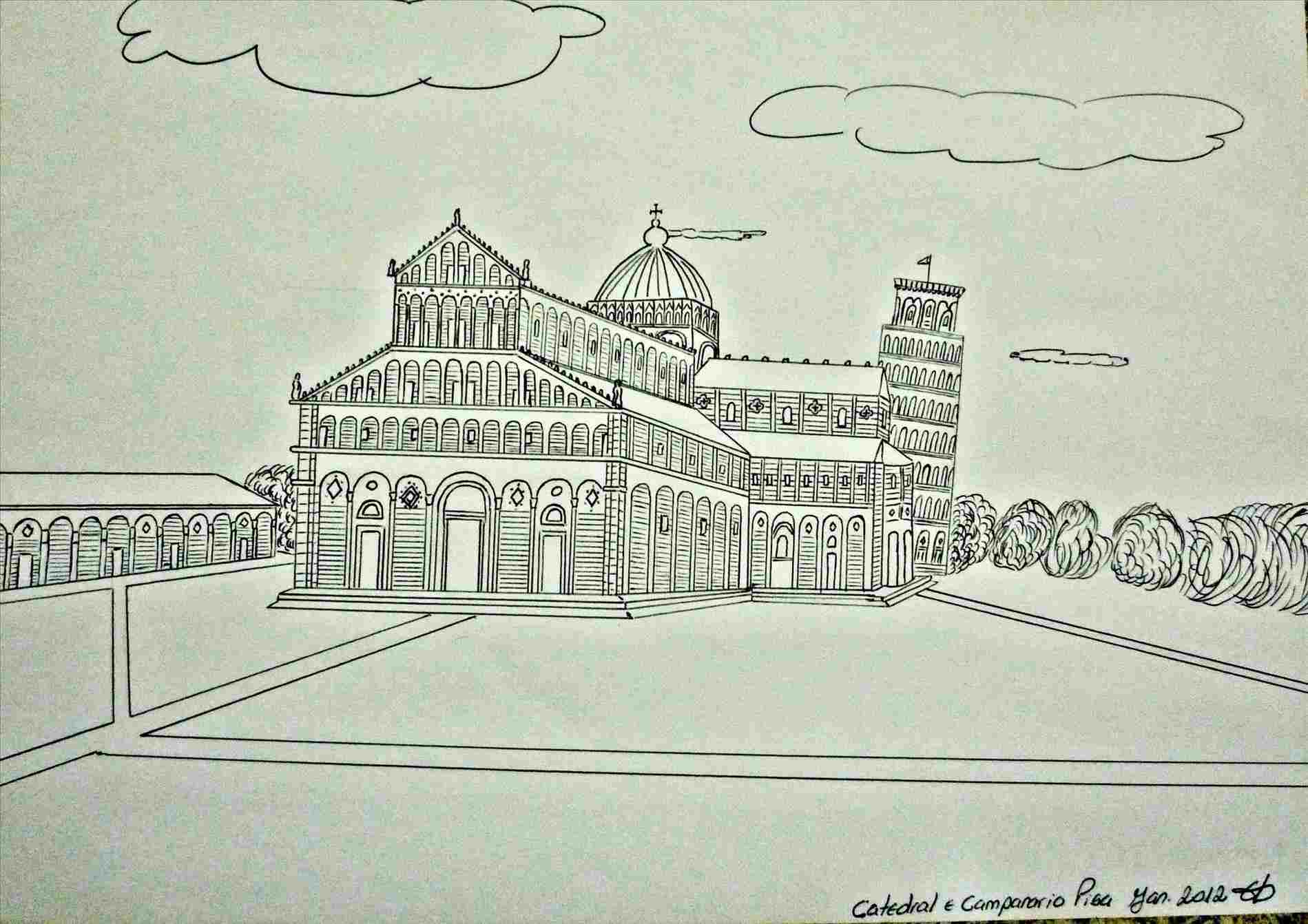 1899x1342 Tilted Towers Pencil Drawing - Leaning Tower Of Pisa Pencil Drawing