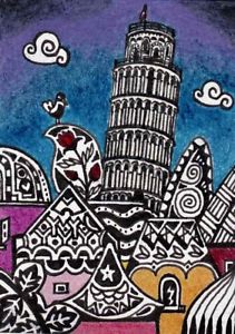 211x300 Aceo Original Ink And Coloured Pencil Drawing Tower - Leaning Tower Of Pisa Pencil Drawing
