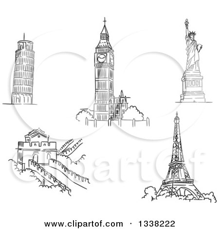 450x470 Black And White Sketches Of The Leaning Tower Of Pisa, Big Ben - Leaning Tower Of Pisa Pencil Drawing