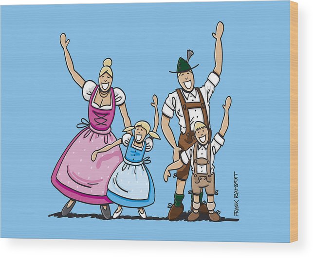 643x531 Dirndl And Lederhosen Family Waving Hands Wood Print - Lederhosen Drawing
