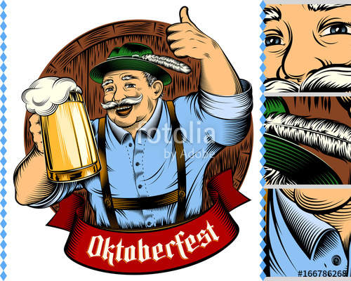 500x400 Man Holding Glass Of Beer In Traditional German Bavarian Clothes - Lederhosen Drawing