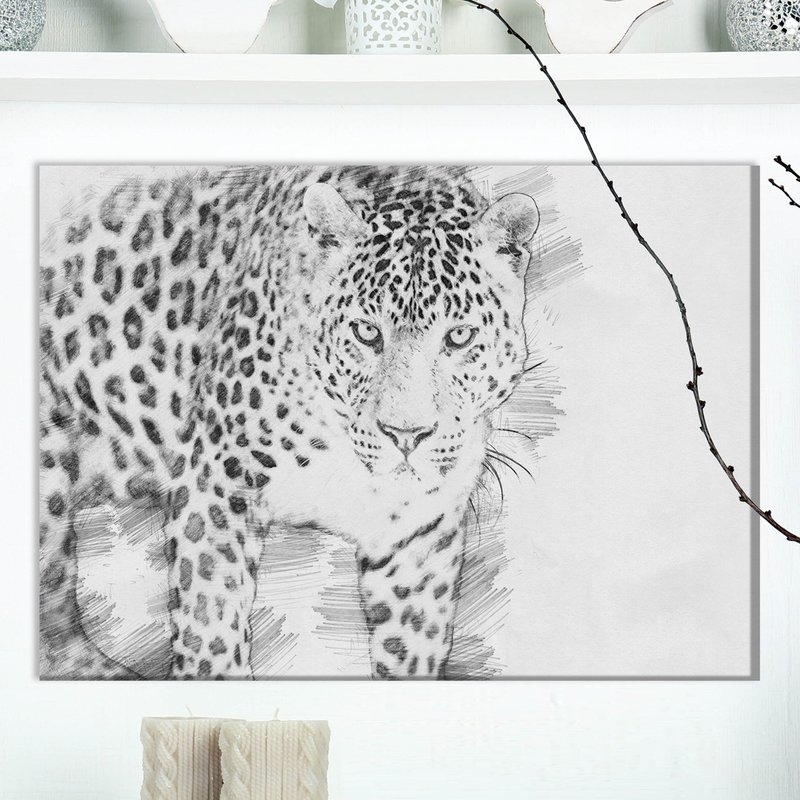 800x800 East Urban Home 'black And White Leopard' Drawing Print On Wrapped - Leopard Black And White Drawing