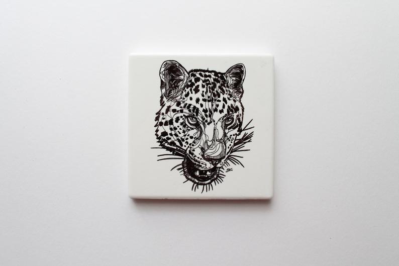 794x529 Leopard Head Ceramic Coaster Leopard Illustration Line Etsy - Leopard Line Drawing