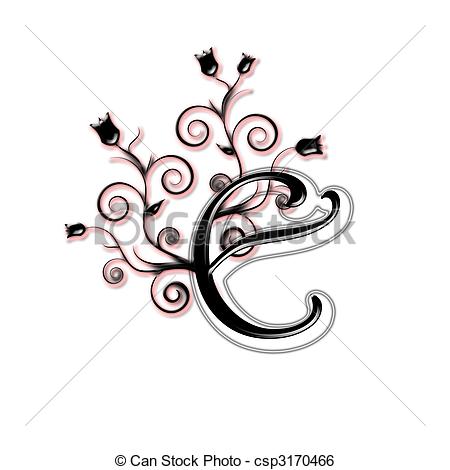 450x470 capital letter e black capital letter with flowers and leaves - Letter E Drawing