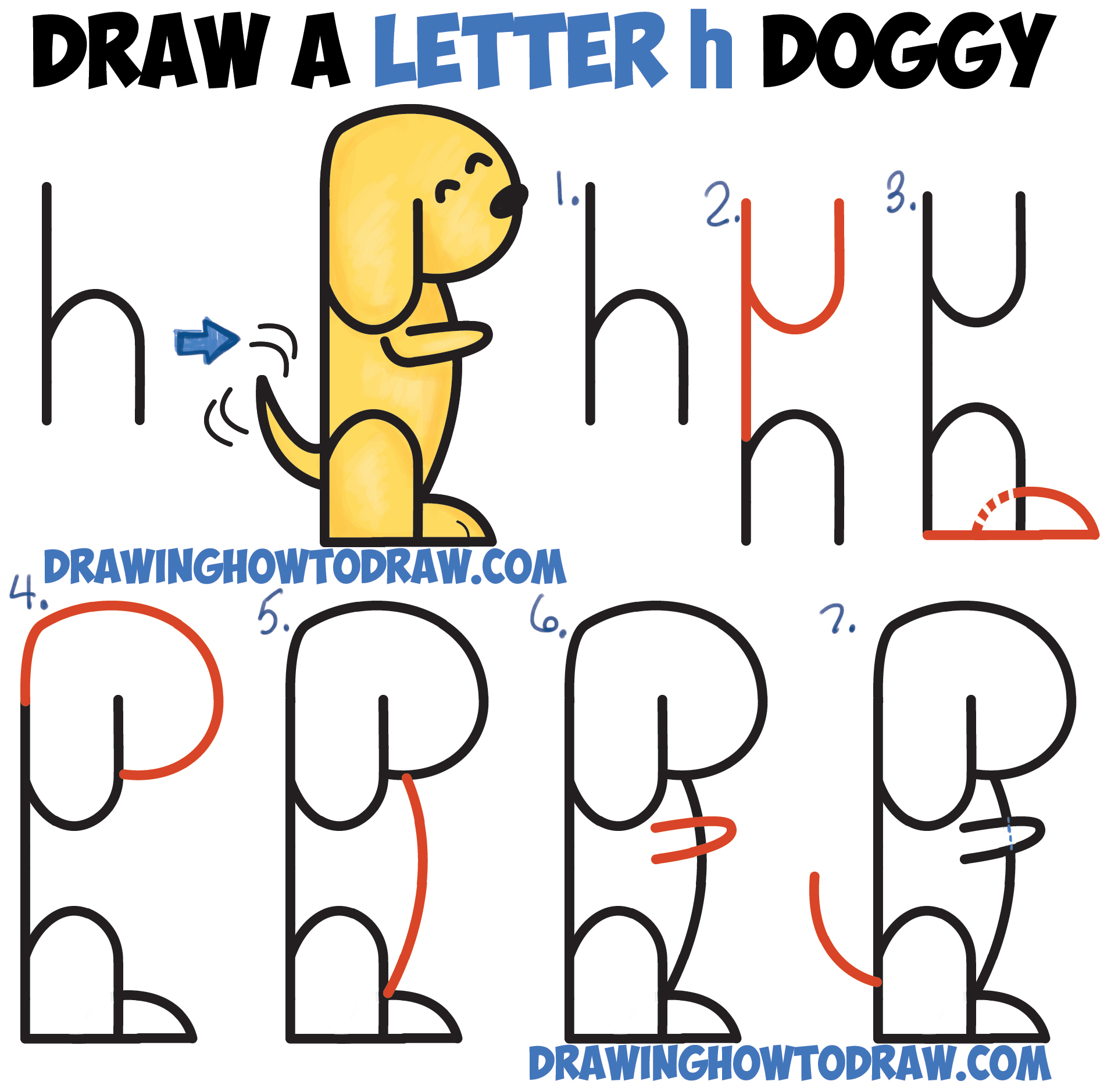 1911x1878 How To Draw A Cartoon Dog Begging From Letter 'h' Shapes Easy - Letter H Drawing