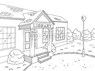 400x300 Library Building Exterior Graphic Black White Sketch Illustration - Library Building Drawing