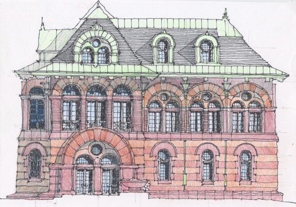 604x422 Sketchbook Study For Library Building In Massachusetts Pencil - Library Building Drawing