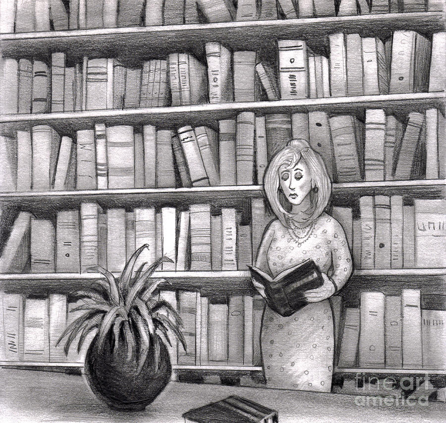 900x854 Woman Reading Book In Library Drawing - Library Drawing