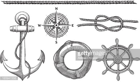 538x318 An Ink Drawing Of An Anchor, Compass, Life Ring, Rope - Life Ring Drawing