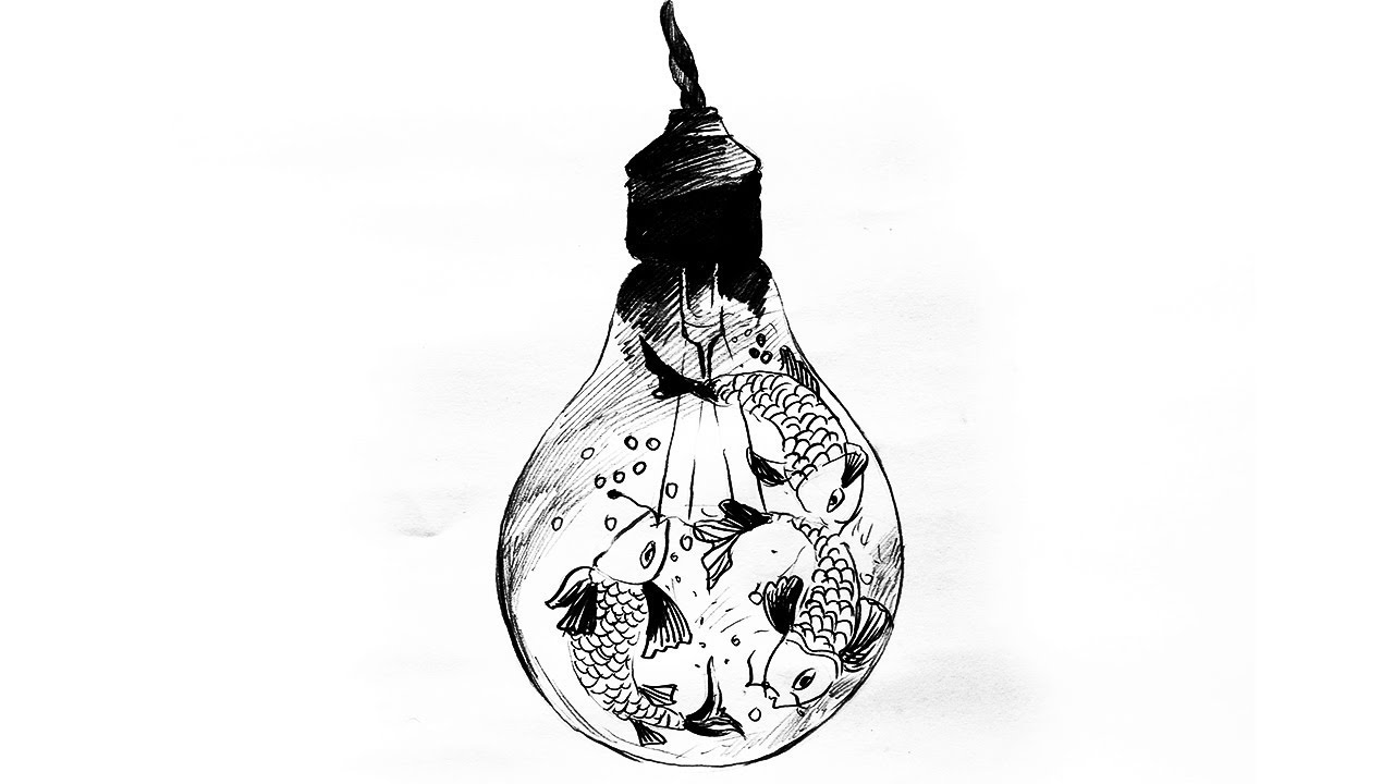 1280x720 How To Draw Light Bulb Fish Bowl Drawing Cool Fish In Light Bulb - Light Bulb Pencil Drawing