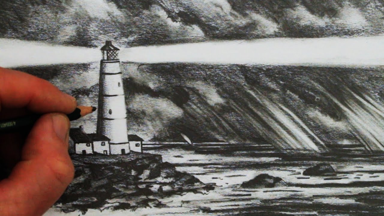 1280x720 How To Draw A Lighthouse, The Sea And Sky - Lighthouse Drawing