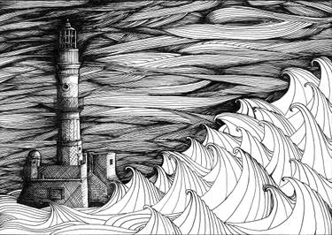375x266 Waves Hitting The Lighthouse Drawing - Lighthouse Drawing