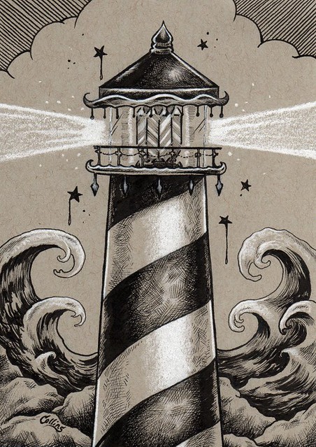 452x639 Bryan Collins Lighthouse Ink Drawing - Lighthouse Drawing