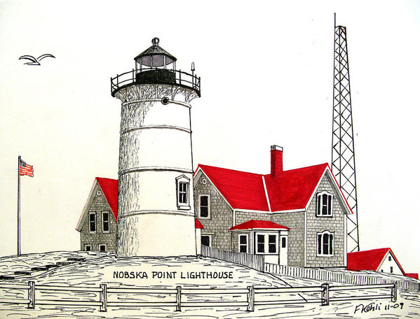 599x456 Nobska Point Lighthouse Drawing Art Print - Lighthouse Drawing Images